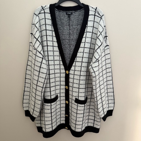 NEW Express Wool Blend Oversized Chunky Windowpane Contrast Cardigan Sweater - Picture 1 of 8